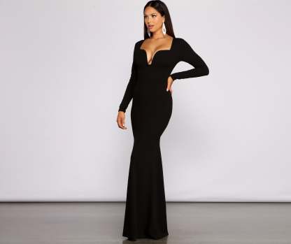 Mallory Long Sleeve V Neck Formal Dress - Lady Occasions
