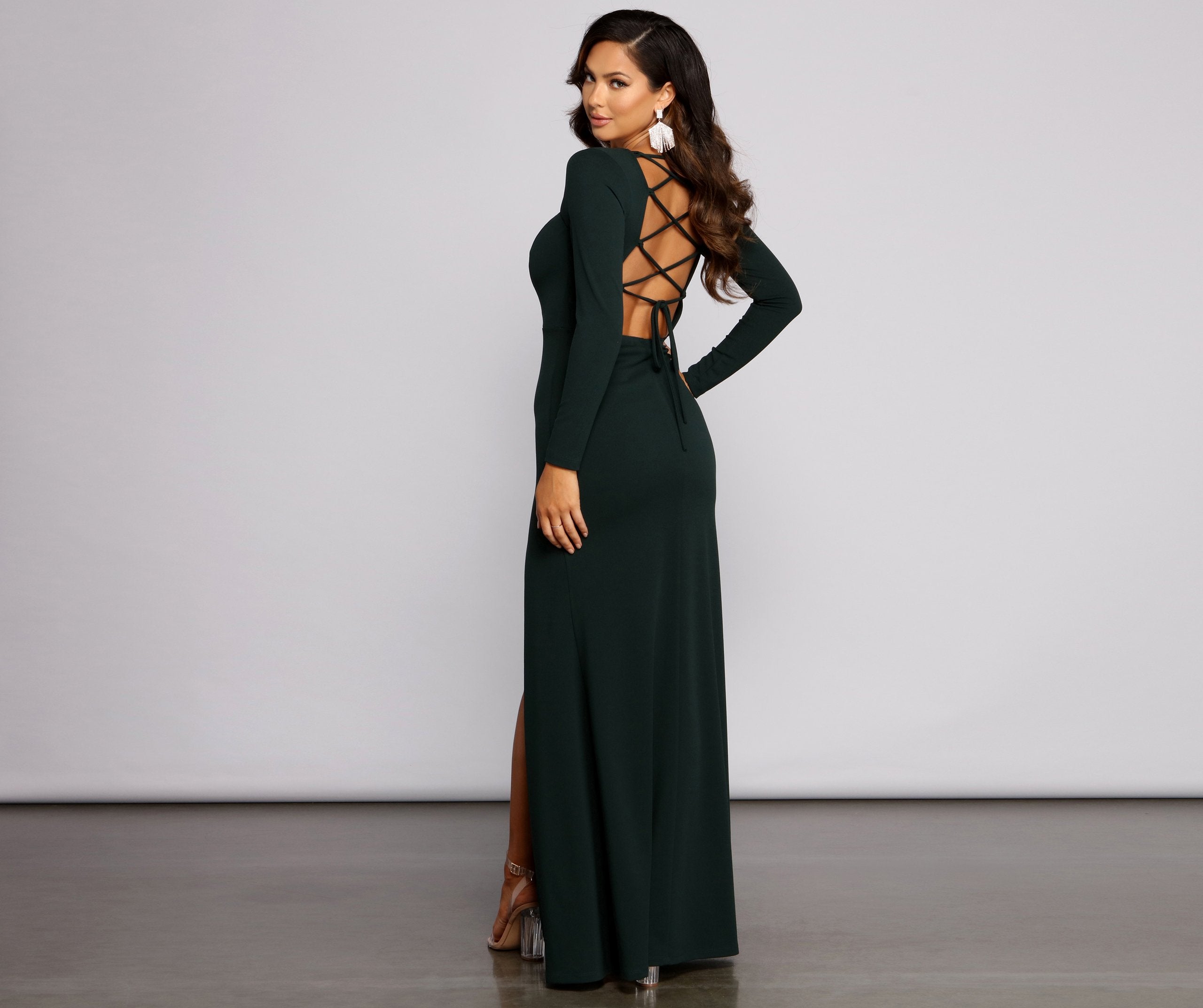 Kayla Long Sleeve Lace-Up Back Formal Dress - Lady Occasions