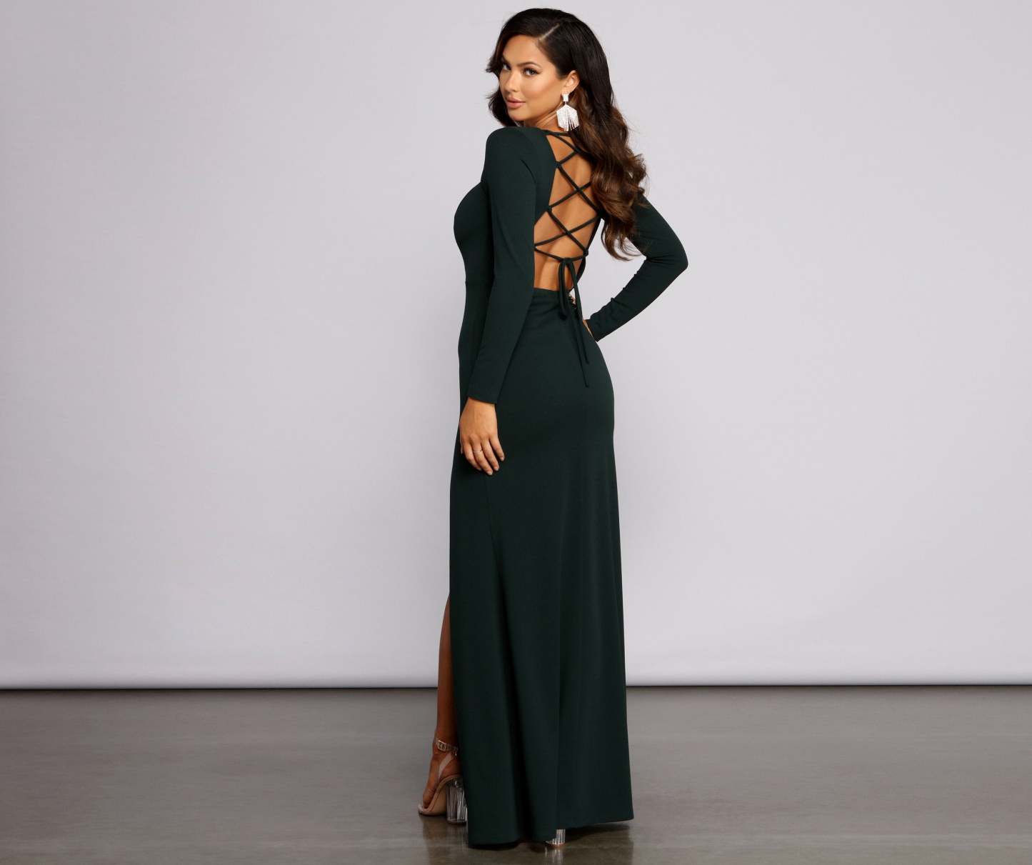 Kayla Long Sleeve Lace-Up Back Formal Dress - Lady Occasions