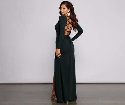 Kayla Long Sleeve Lace-Up Back Formal Dress - Lady Occasions