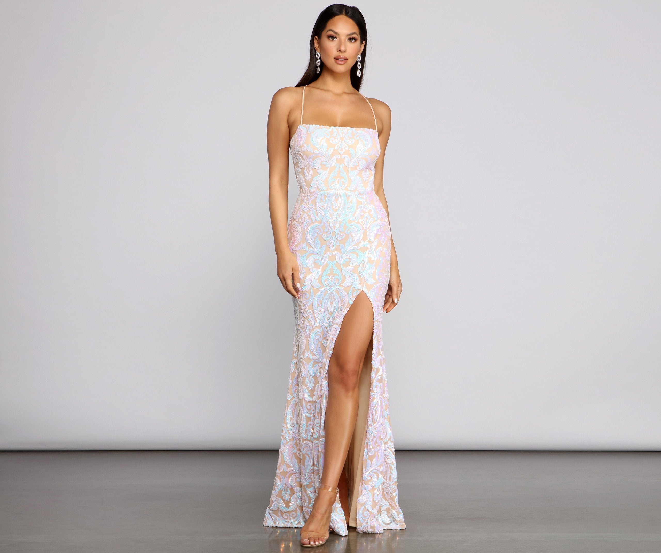 Priya Formal Iridescent Sequin Scroll Dress - Lady Occasions