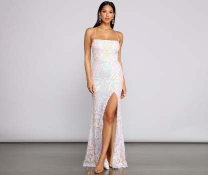 Priya Formal Iridescent Sequin Scroll Dress - Lady Occasions