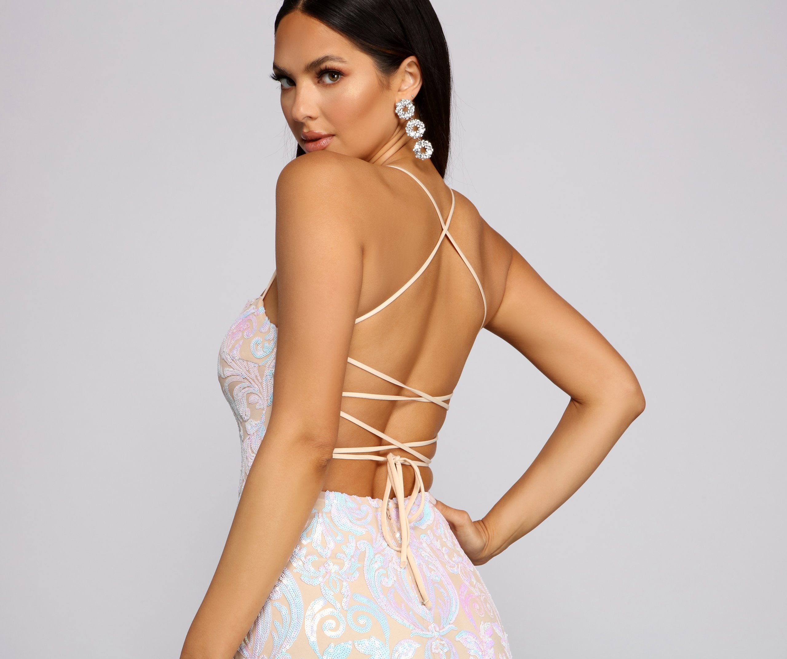 Priya Formal Iridescent Sequin Scroll Dress - Lady Occasions