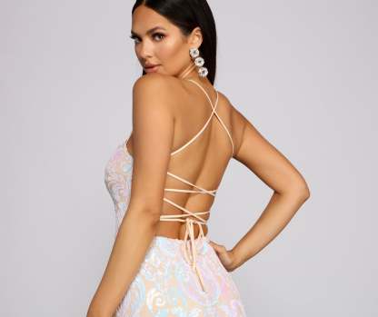 Priya Formal Iridescent Sequin Scroll Dress - Lady Occasions