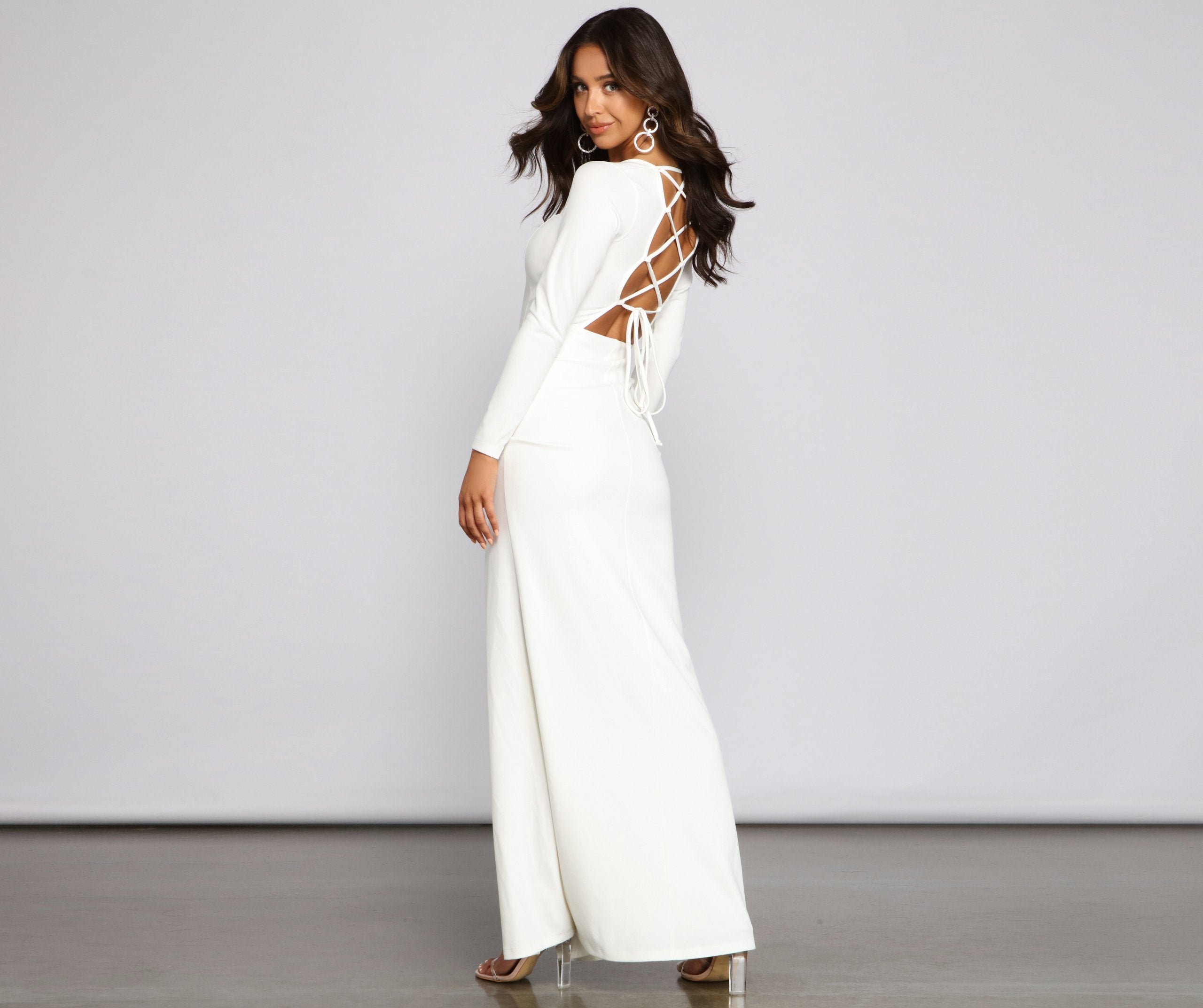 Kayla Long Sleeve Lace-Up Back Formal Dress - Lady Occasions