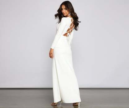 Kayla Long Sleeve Lace-Up Back Formal Dress - Lady Occasions