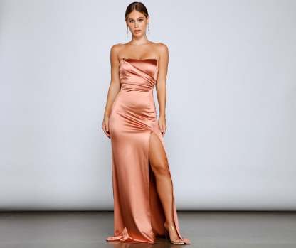 Gianna Strapless High-Slit Satin Dress - Lady Occasions