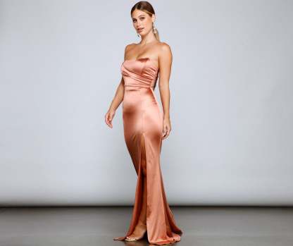 Gianna Strapless High-Slit Satin Dress - Lady Occasions