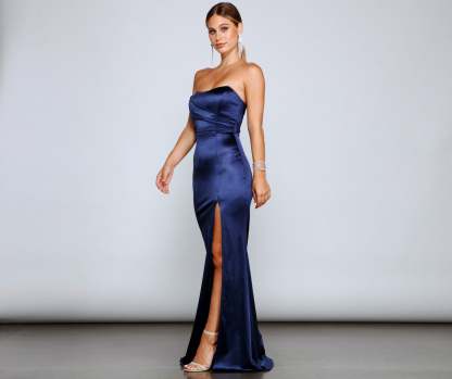 Gianna Strapless High-Slit Satin Dress - Lady Occasions