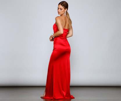 Gianna Strapless High-Slit Satin Dress - Lady Occasions