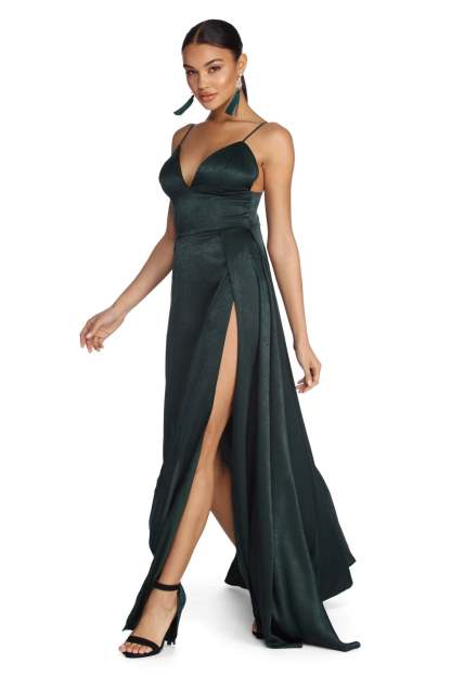 Julieann Formal High Slit Satin Dress - Lady Occasions