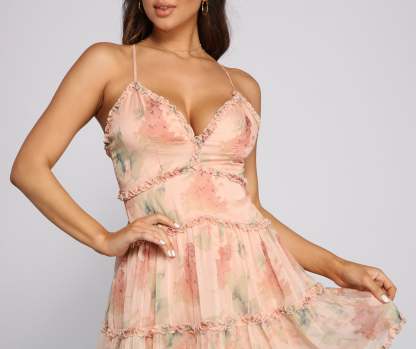 Flirty Florals Ruffled Chiffon Mini Dress - Lady Occasions