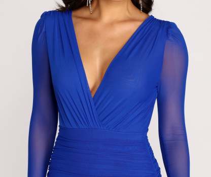 Mesh Long Sleeve Deep V Mini Dress - Lady Occasions