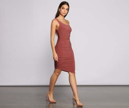 Ruched Stunner One Shoulder Midi Dress - Lady Occasions
