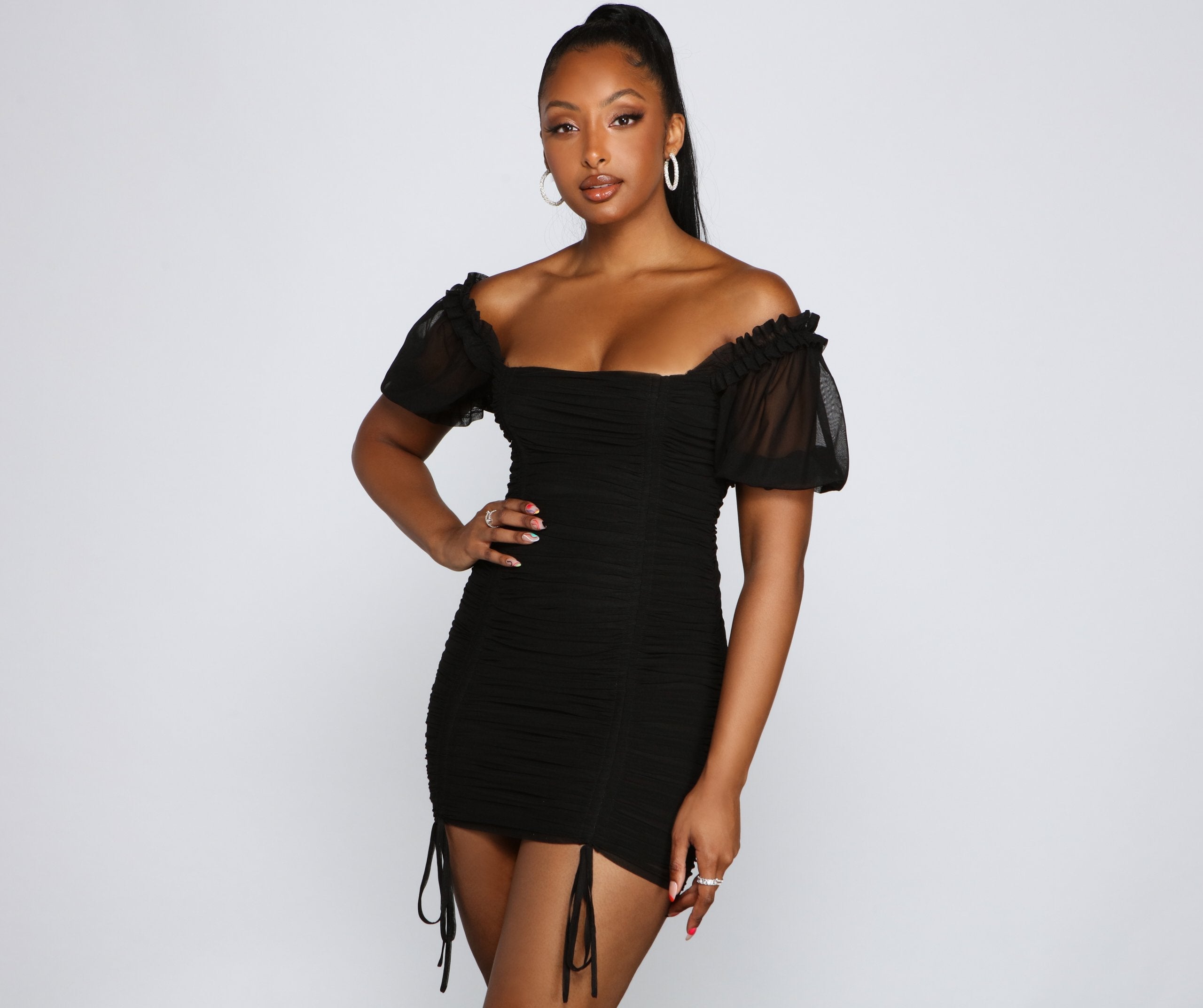 Drawn In Puff Sleeve Ruched Mini Dress - Lady Occasions