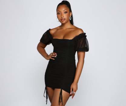 Drawn In Puff Sleeve Ruched Mini Dress - Lady Occasions
