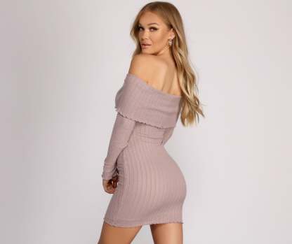 Off The Shoulder Brushed Knit Mini Dress - Lady Occasions