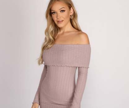 Off The Shoulder Brushed Knit Mini Dress - Lady Occasions