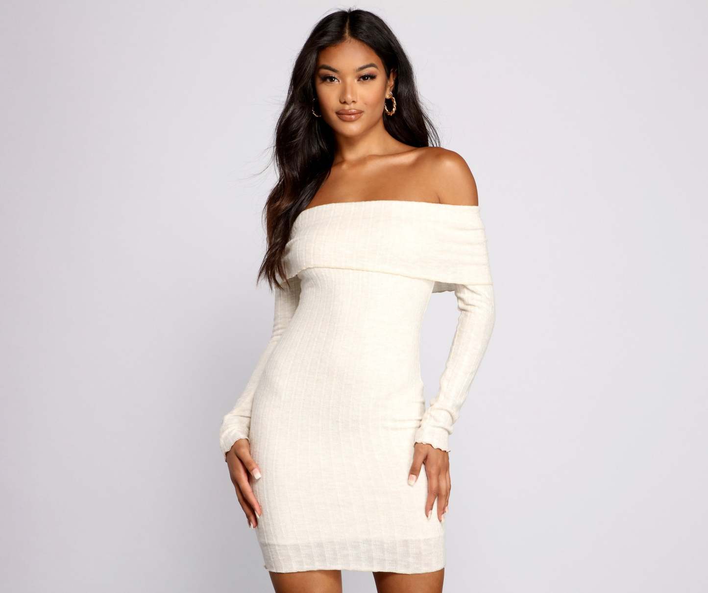 Off The Shoulder Brushed Knit Mini Dress - Lady Occasions