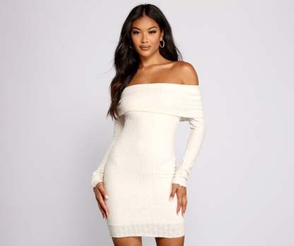 Off The Shoulder Brushed Knit Mini Dress - Lady Occasions