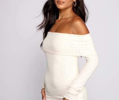 Off The Shoulder Brushed Knit Mini Dress - Lady Occasions