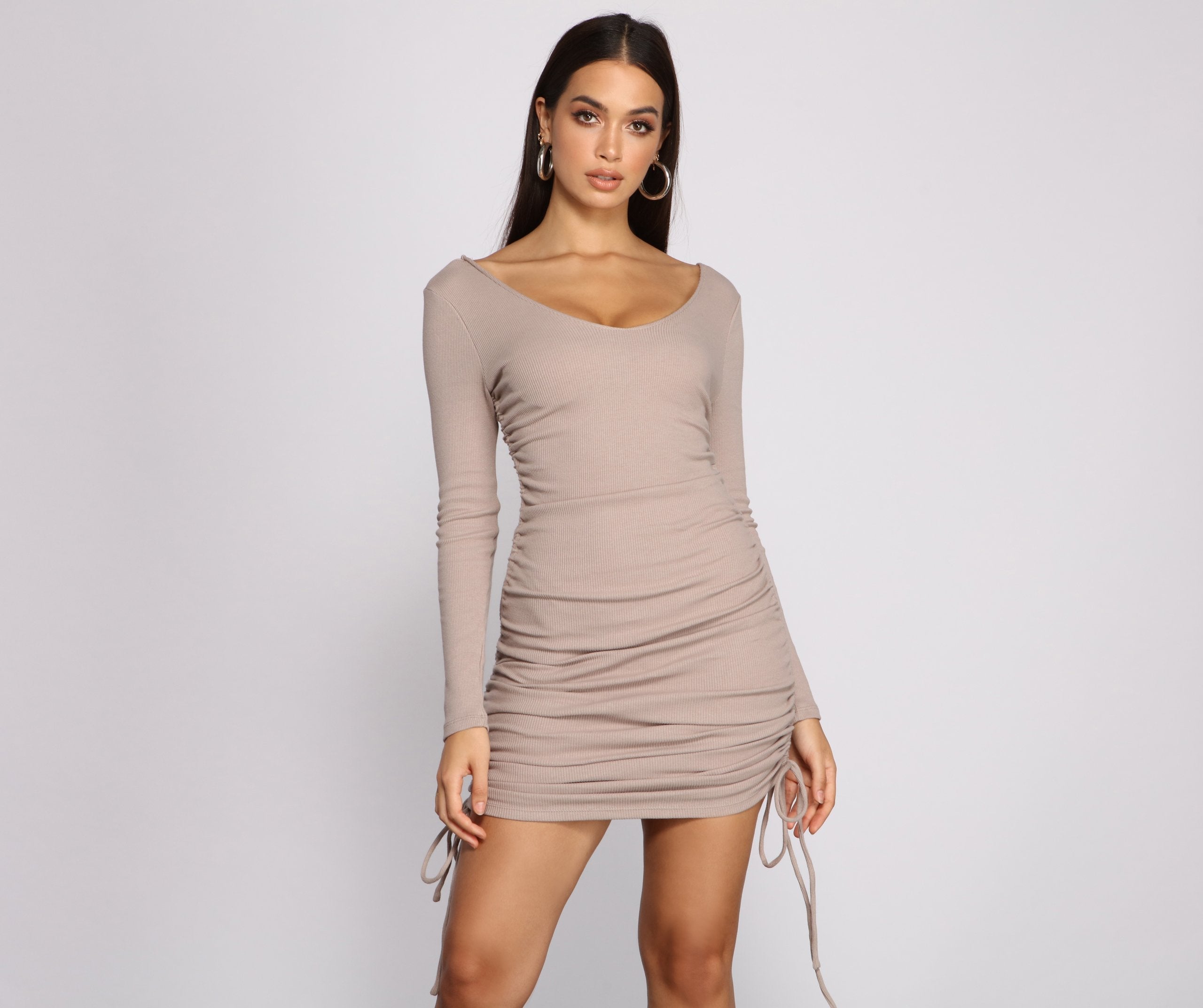 Fall Back To Basics Ribbed Knit Ruched Mini Dress - Lady Occasions
