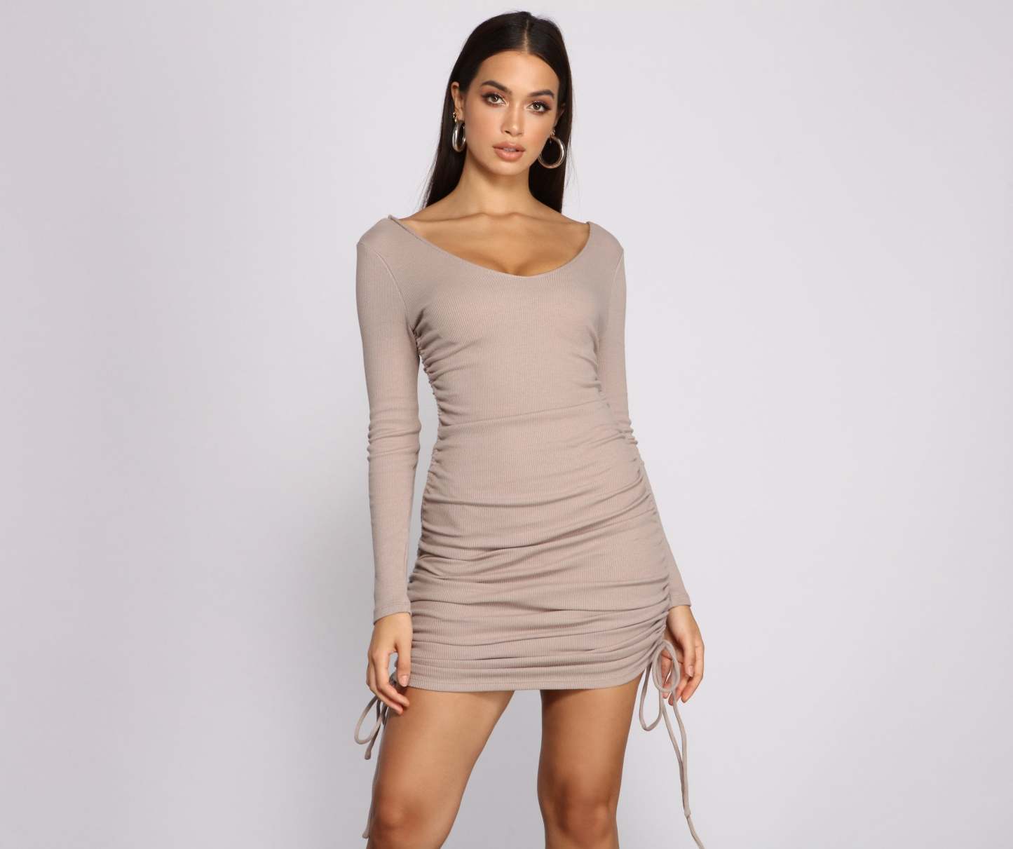 Fall Back To Basics Ribbed Knit Ruched Mini Dress - Lady Occasions
