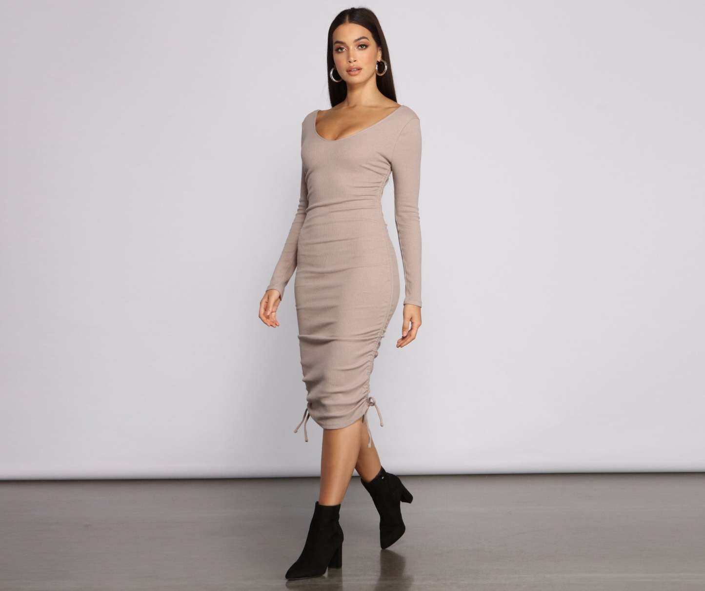Fall Back To Basics Ribbed Knit Ruched Mini Dress - Lady Occasions