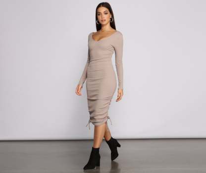 Fall Back To Basics Ribbed Knit Ruched Mini Dress - Lady Occasions