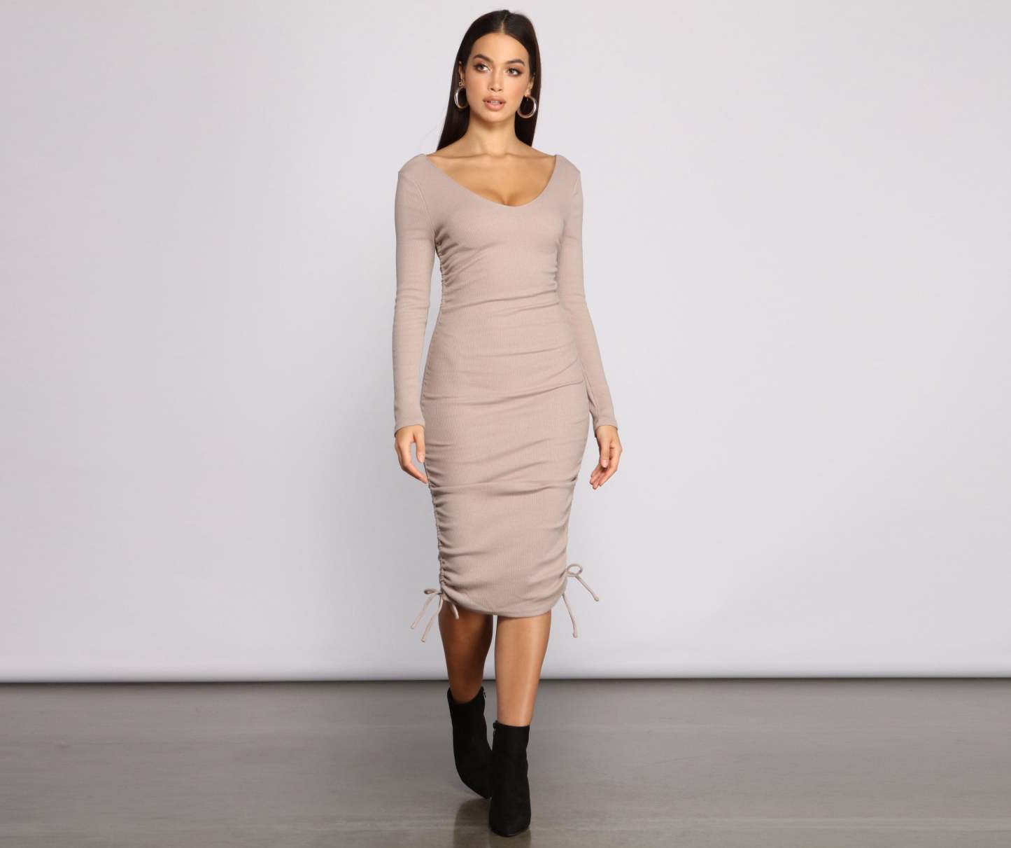 Fall Back To Basics Ribbed Knit Ruched Mini Dress - Lady Occasions