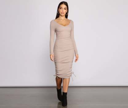 Fall Back To Basics Ribbed Knit Ruched Mini Dress - Lady Occasions