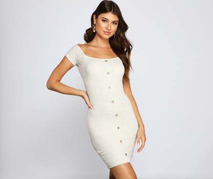 Off The Shoulder Ribbed Knit Mini Dress - Lady Occasions