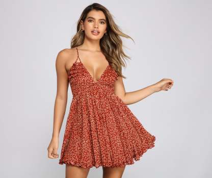 Floral Twirl Ruffled Skater Dress - Lady Occasions