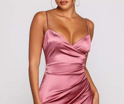 Wrapped In Sleek Satin Mini Dress - Lady Occasions