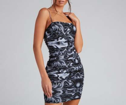 Heart Swirls Mesh Ruched Mini Dress - Lady Occasions
