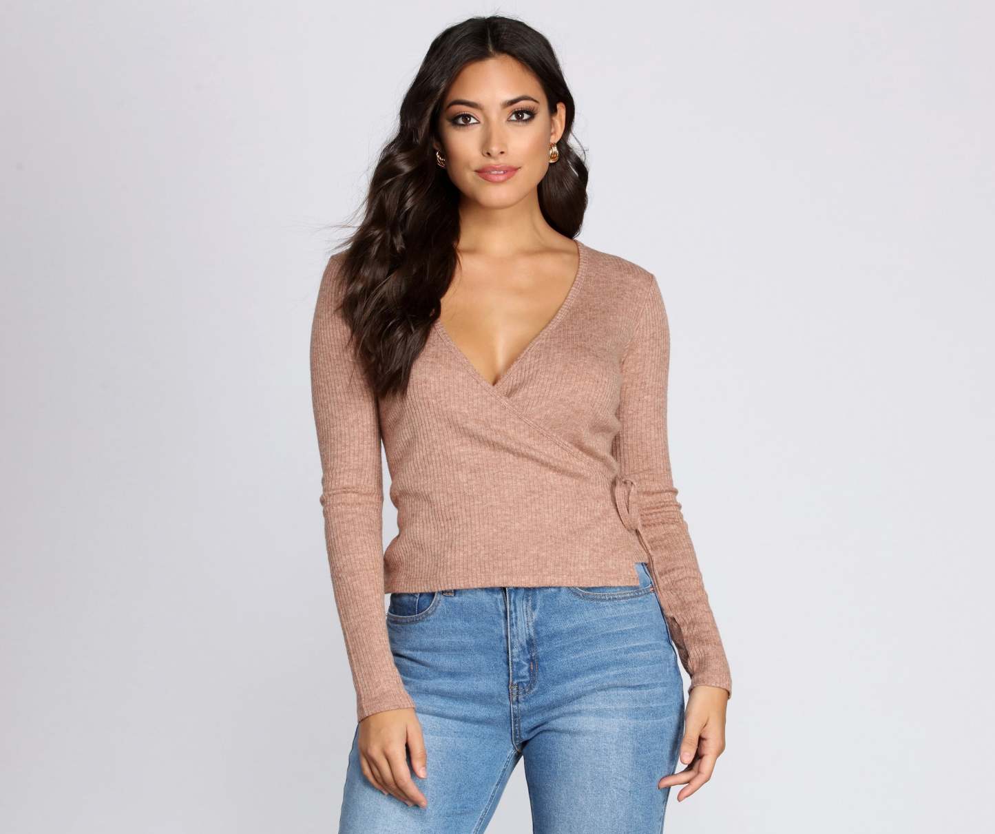 Ribbed Knit Tie Front Wrap Top - Lady Occasions