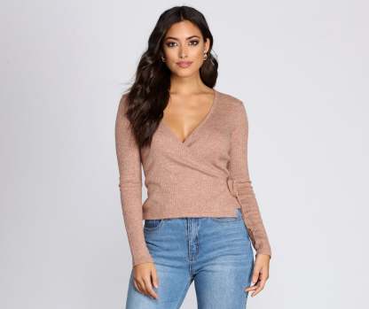 Ribbed Knit Tie Front Wrap Top - Lady Occasions