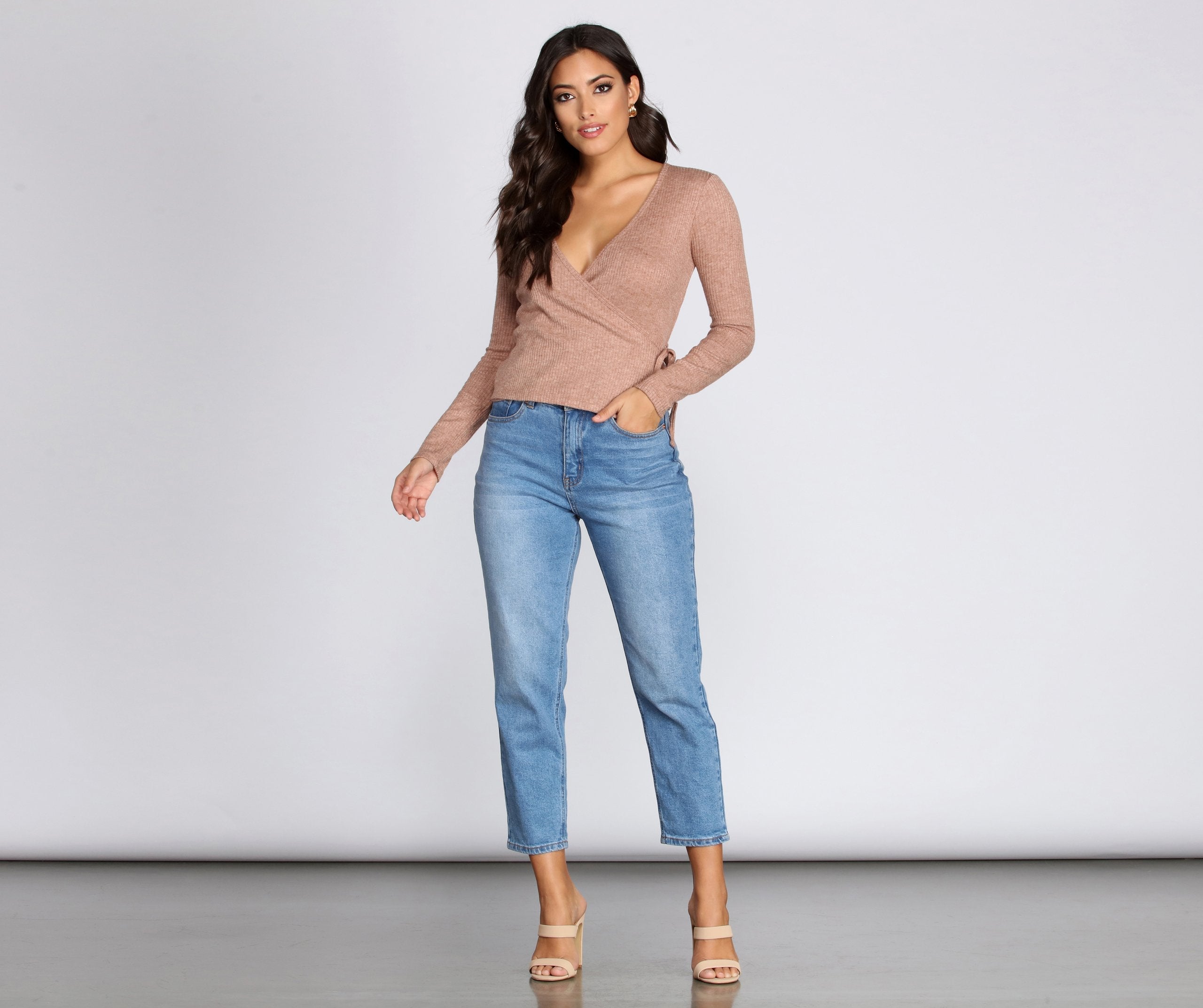 Ribbed Knit Tie Front Wrap Top - Lady Occasions