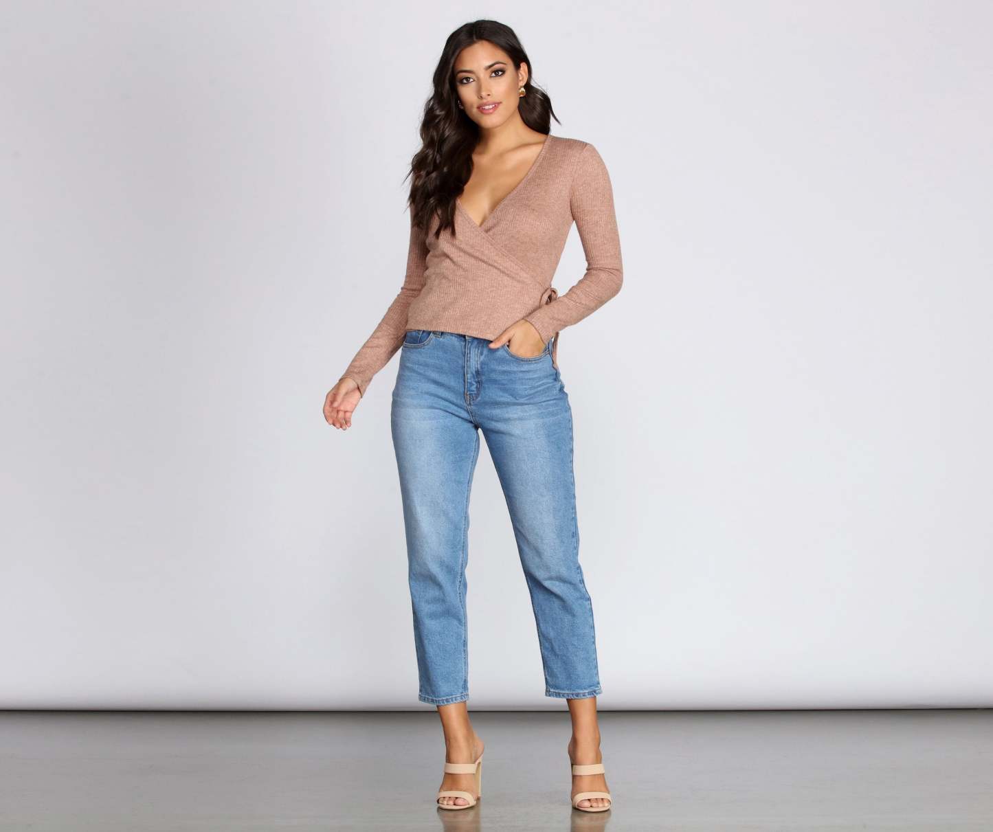 Ribbed Knit Tie Front Wrap Top - Lady Occasions