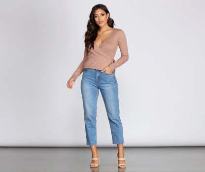 Ribbed Knit Tie Front Wrap Top - Lady Occasions