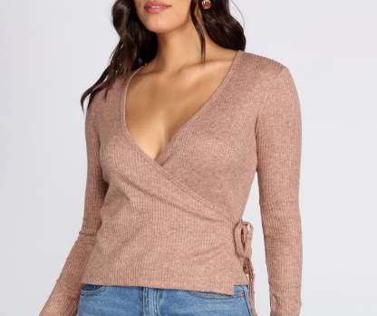 Ribbed Knit Tie Front Wrap Top - Lady Occasions