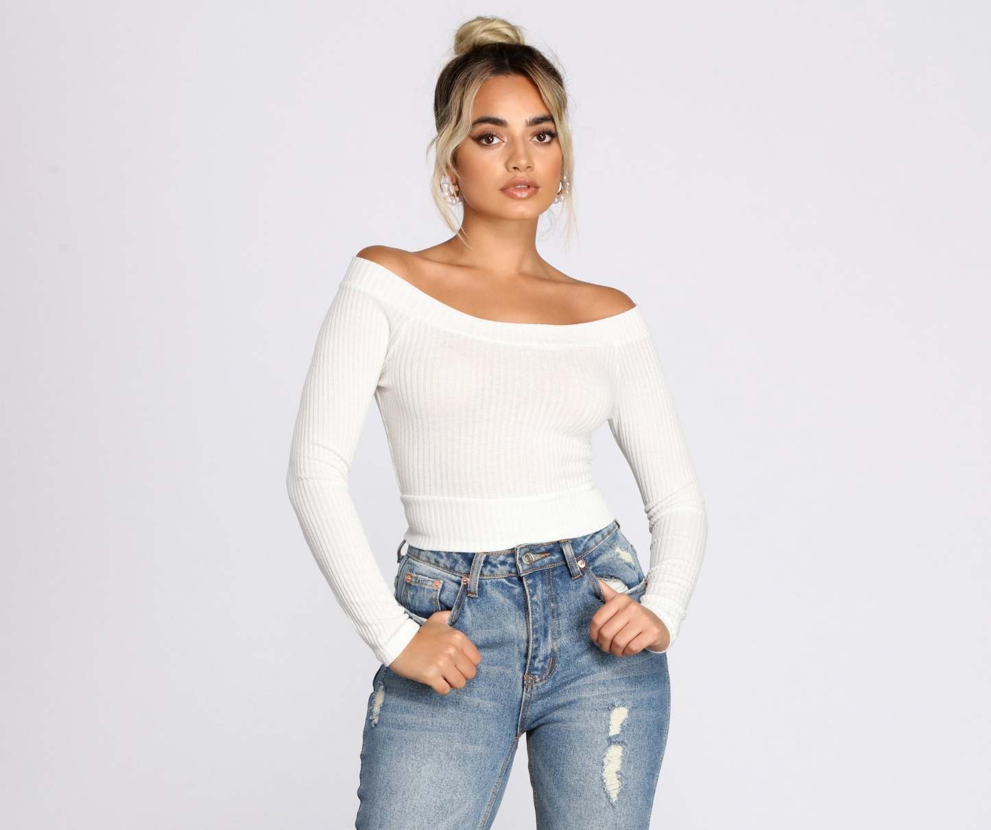 Off The Shoulder Brushed Knit Crop Top - Lady Occasions
