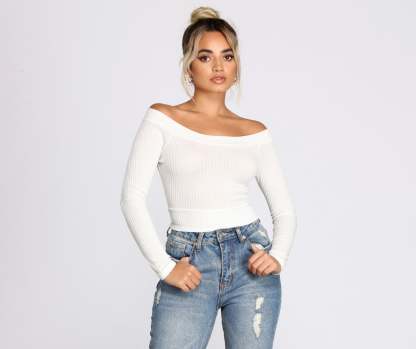 Off The Shoulder Brushed Knit Crop Top - Lady Occasions