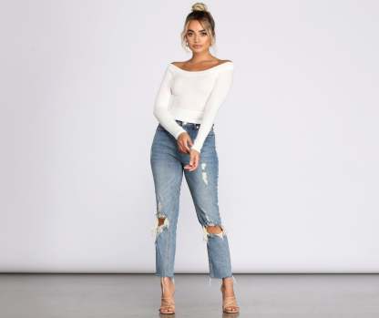 Off The Shoulder Brushed Knit Crop Top - Lady Occasions