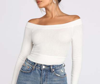 Off The Shoulder Brushed Knit Crop Top - Lady Occasions