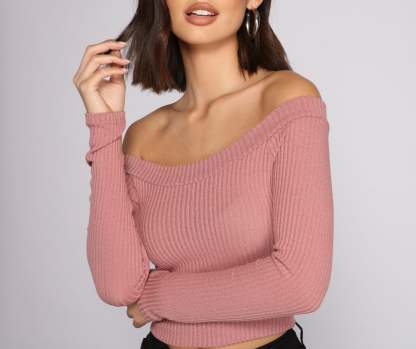 Off The Shoulder Brushed Knit Crop Top - Lady Occasions
