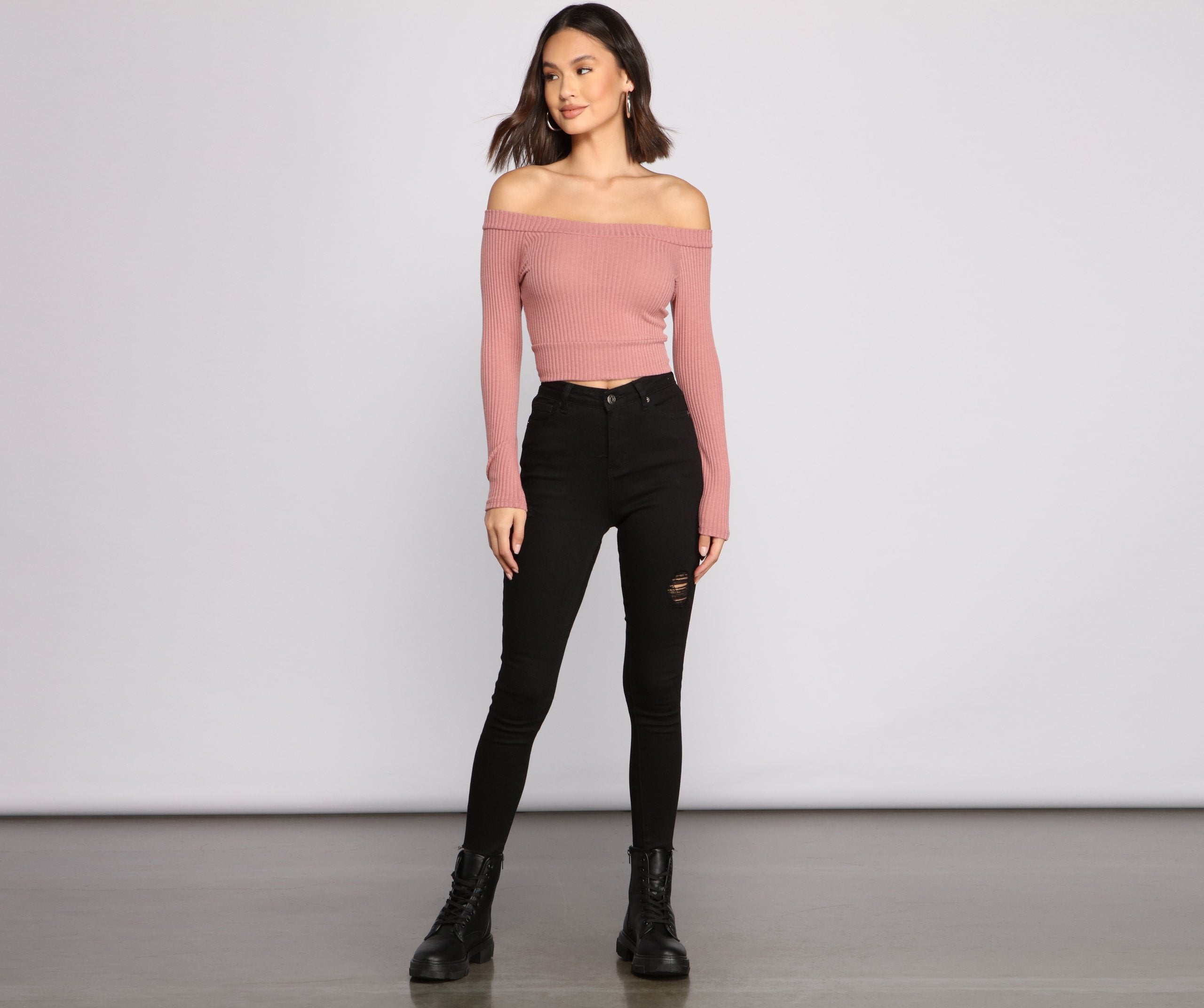 Off The Shoulder Brushed Knit Crop Top - Lady Occasions