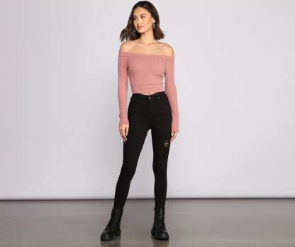 Off The Shoulder Brushed Knit Crop Top - Lady Occasions
