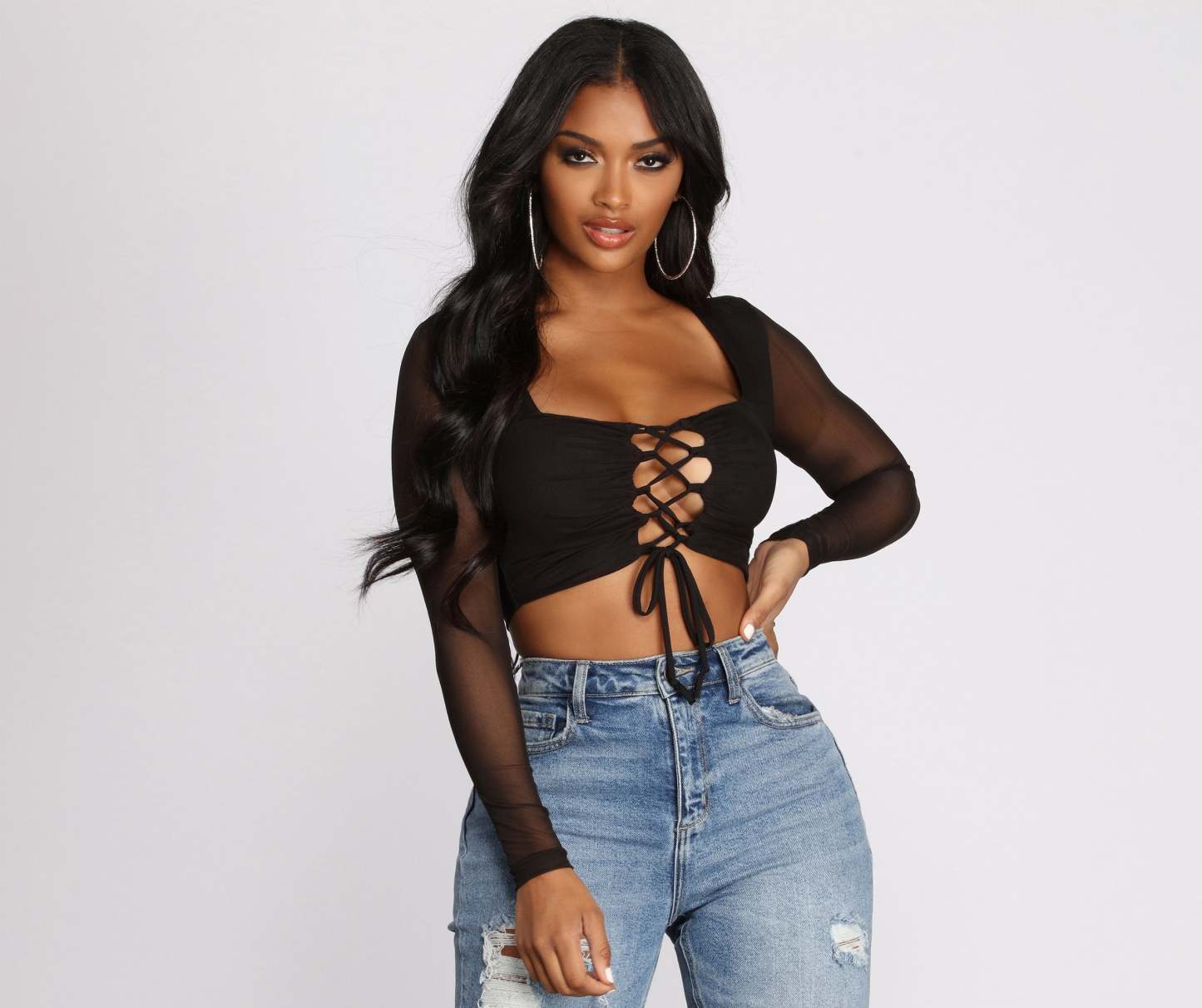 Lace Up Mesh Crop Top - Lady Occasions