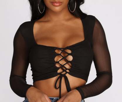 Lace Up Mesh Crop Top - Lady Occasions
